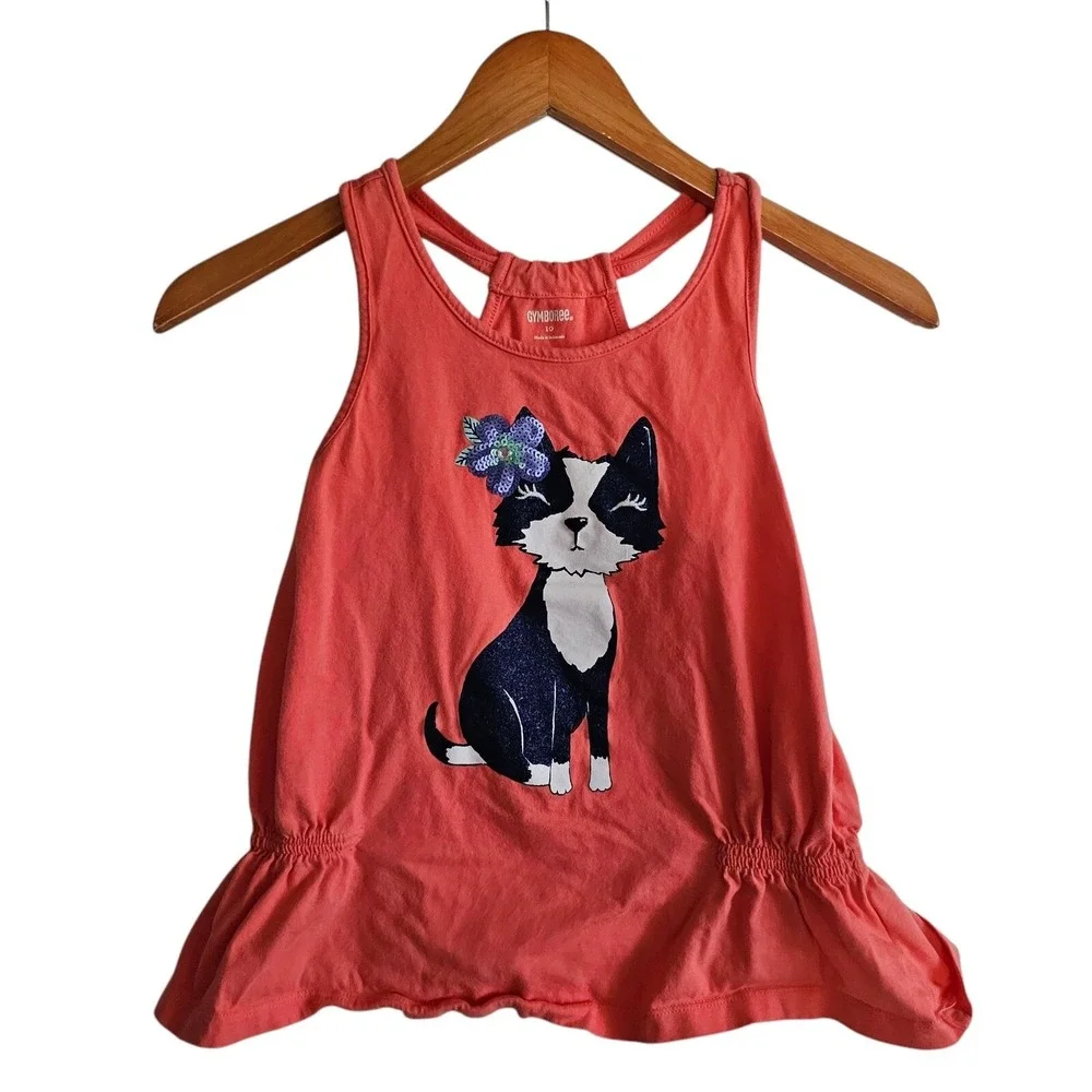Gymboree Dog Graphic Tank Top‎ Ruffle Hem Sleeveless Coral Size 10